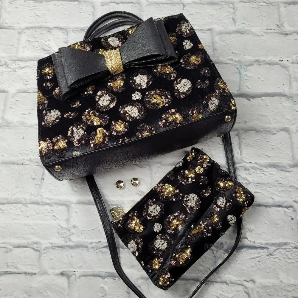 Mobwife Betsey Johnson Evening Prowl Velvet & Leopard Sequin Convertible Satchel
